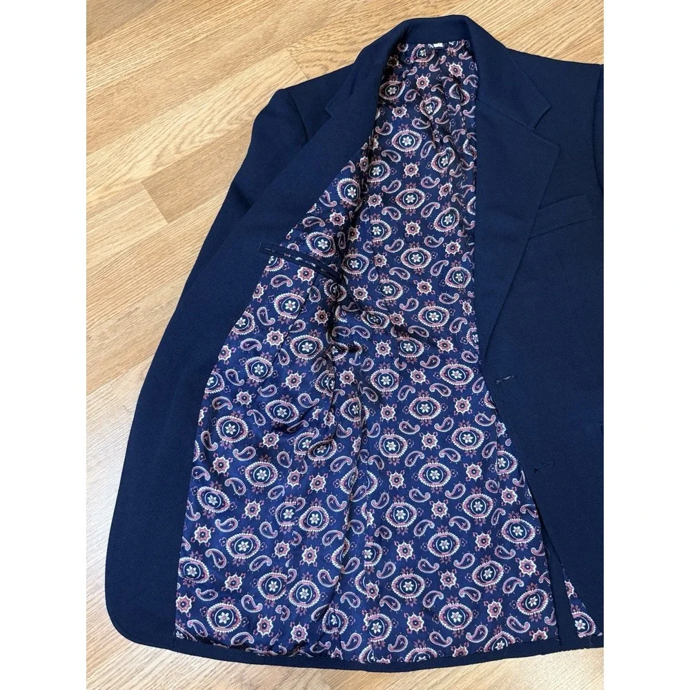 Vintage 70s Men's Polyester Navy Blue 36R Knit Blazer Jacket Textured Old Money